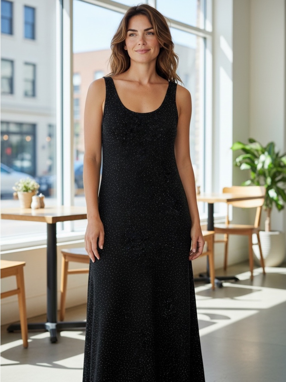 H&M Black Sleeveless Maxi Dress with Subtle polka dots size medium